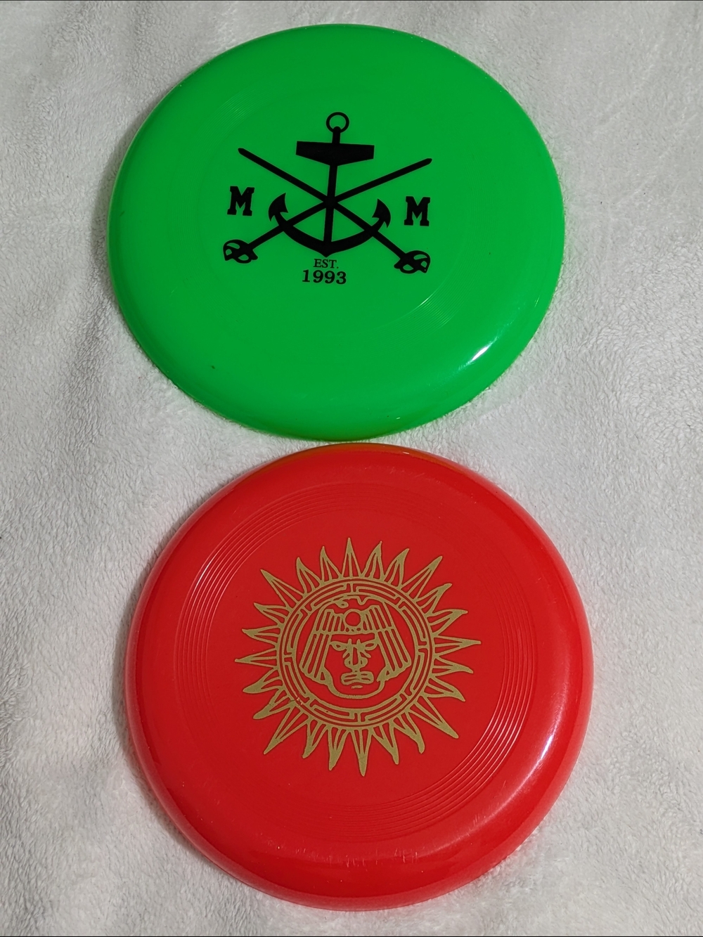 Vintage Promotional Frisbee Lot of 2 Green Anchor Est 1993 & Red Aztec Sun